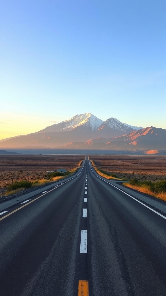 A scenic road leading towards a mountain in the distance.