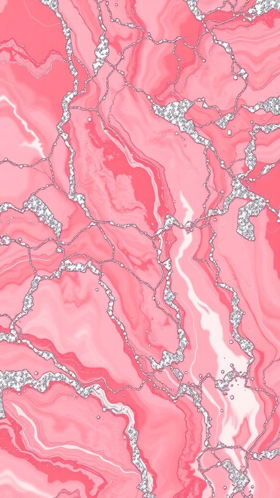 Coral marble wallpaper with silver glitter accents