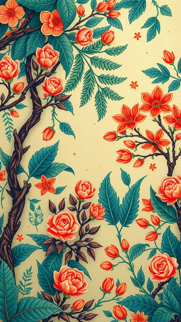 A vibrant wallpaper featuring colorful flowers and leaves
