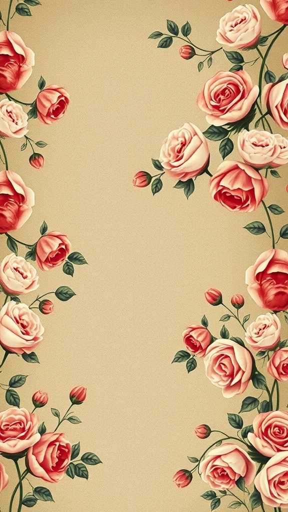 Victorian floral wallpaper with soft pink roses and green leaves on a beige background.