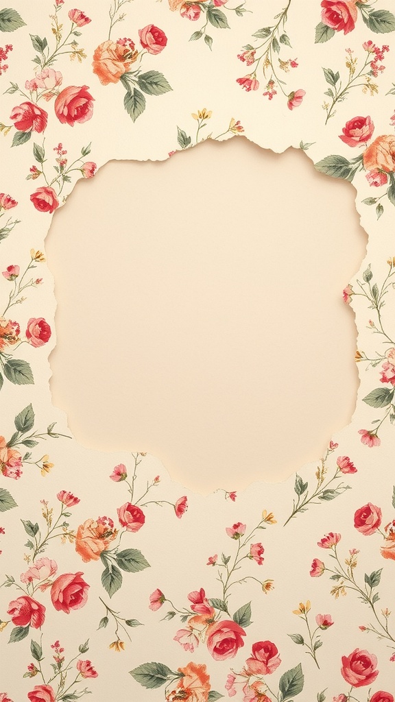 A vintage floral collage wallpaper with soft blooms and a torn paper effect.