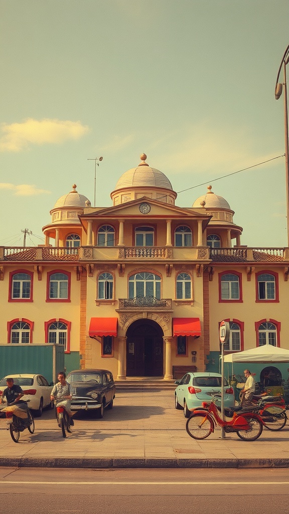 A vintage building with retro design elements, showcasing vibrant colors and classic motifs.