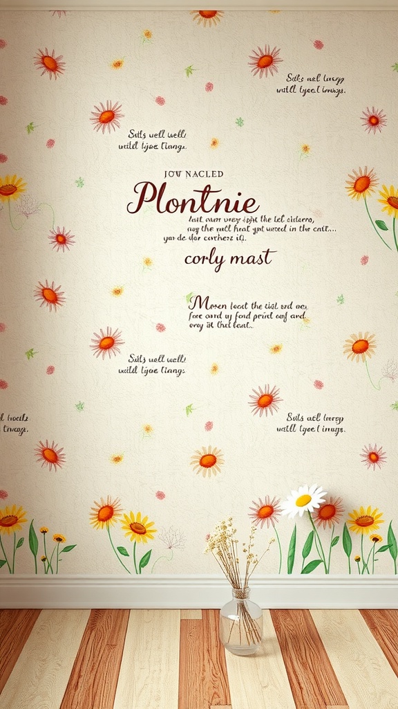 A playful floral wallpaper featuring colorful daisies on a light background.