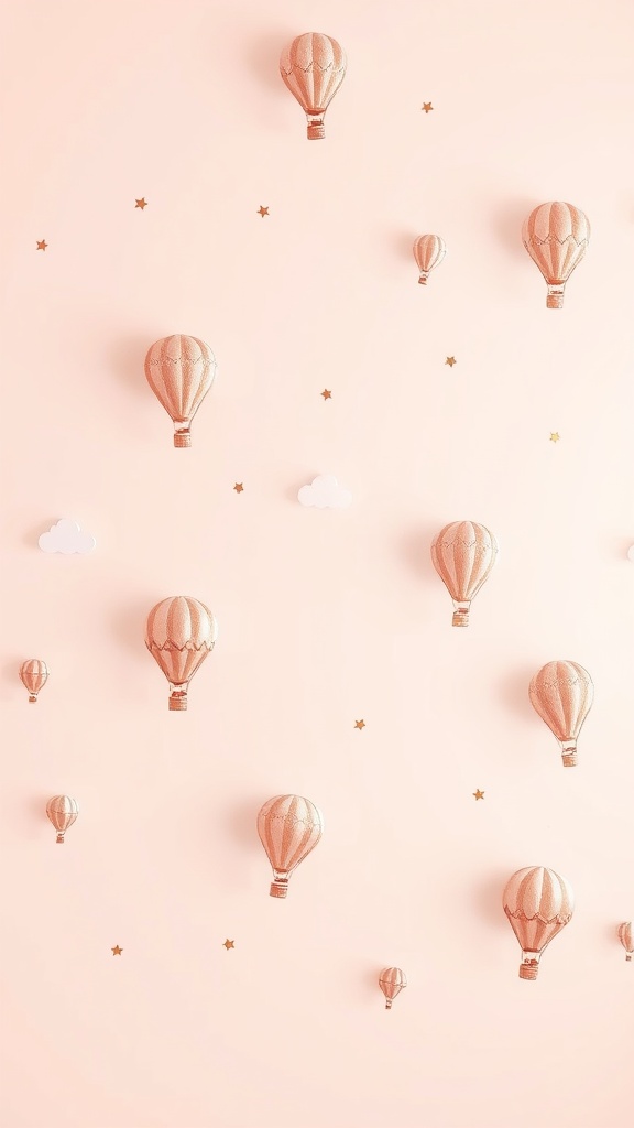 A whimsical design featuring soft rose gold hot air balloons against a pastel pink background, accompanied by clouds and stars.
