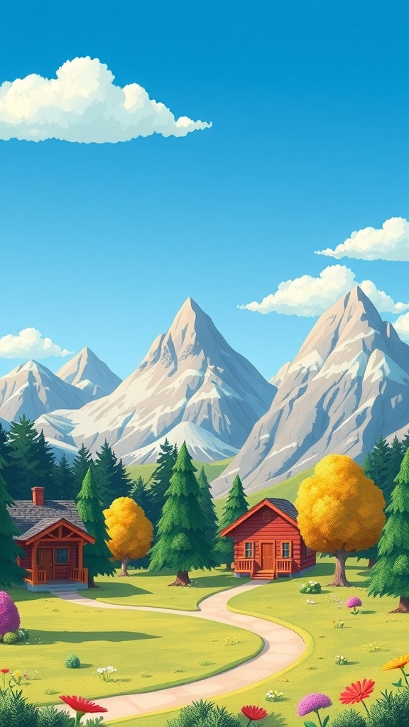 A whimsical cartoon mountain landscape with cozy cabins and lush greenery.