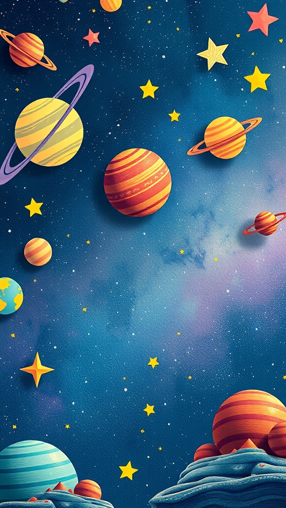 Colorful planets and stars in a whimsical space theme.
