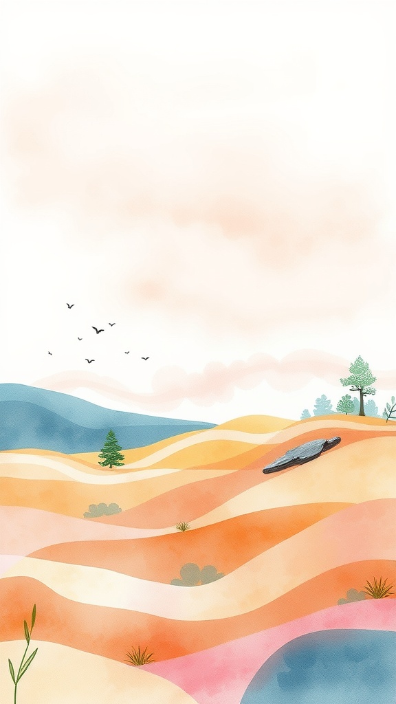 A whimsical watercolor landscape featuring soft, flowing hills in shades of orange, blue, and green, with a few trees and birds in the sky.