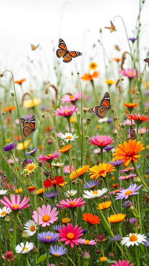A colorful wildflower meadow with butterflies fluttering around.