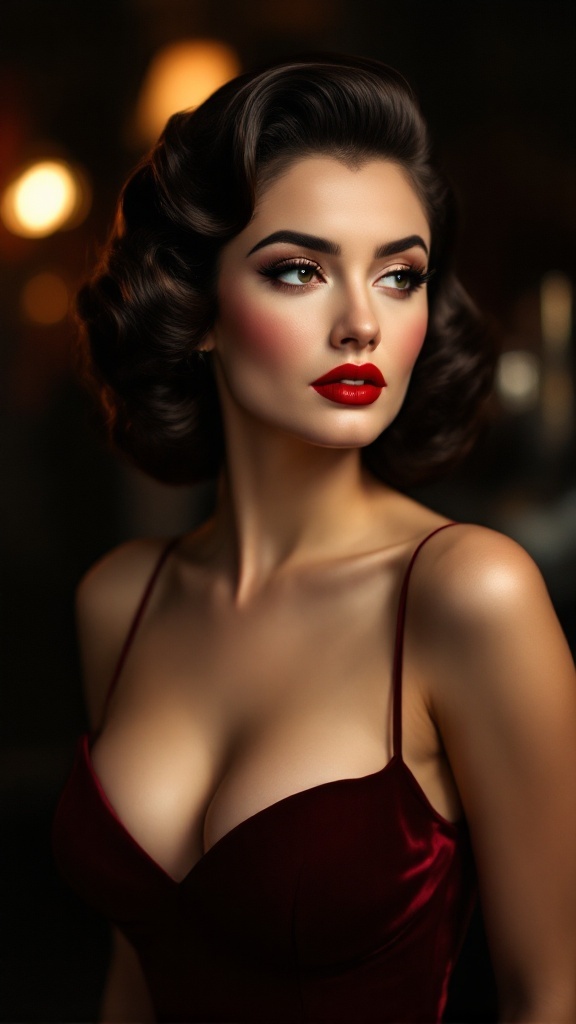 A woman with vintage 1940s glam rolls hairstyle and bold red lipstick, exuding elegance and sophistication.