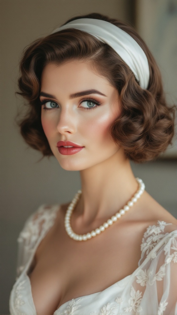 A woman with a 1950s curled bob hairstyle and a headband, showcasing vintage glamour.