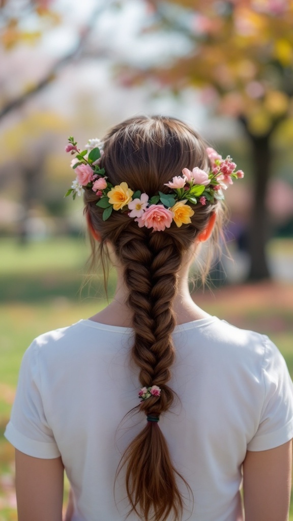 A fishtail braid adorned with flowers, showcasing a natural boho style.