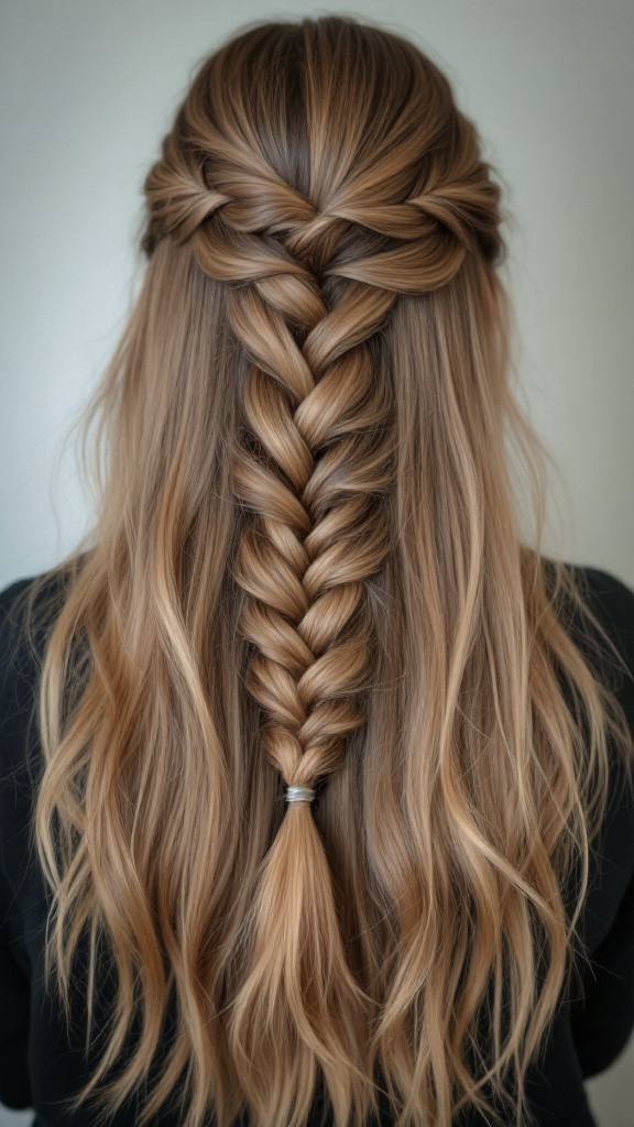 A beautiful half-up fishtail braid hairstyle with long hair.