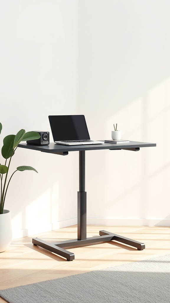 A modern adjustable standing desk with a laptop, plant, and minimalistic design.