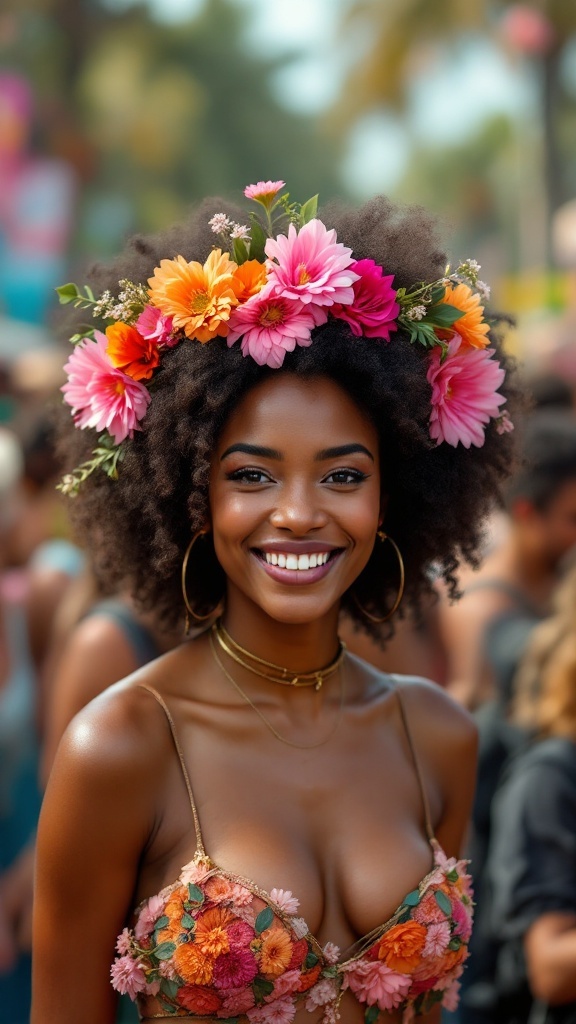 A woman with a beautiful afro hairstyle adorned with a colorful floral crown, smiling at a summer festival.