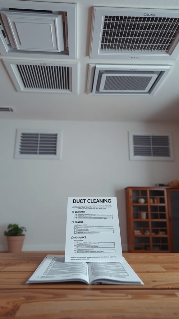 A checklist for duct cleaning placed on a wooden table with air vents in the ceiling.