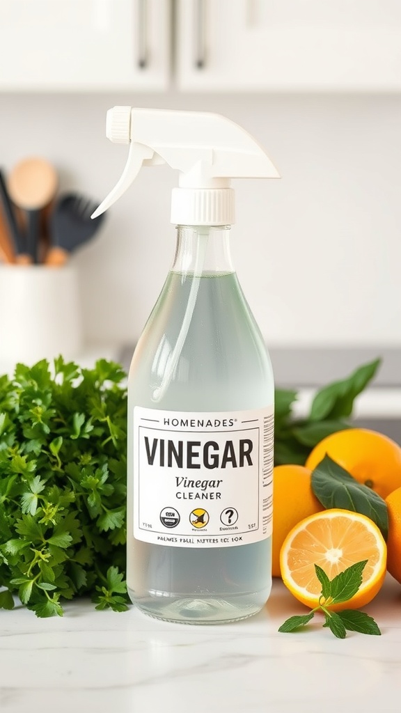 A bottle of vinegar cleaner surrounded by fresh herbs and citrus fruits.