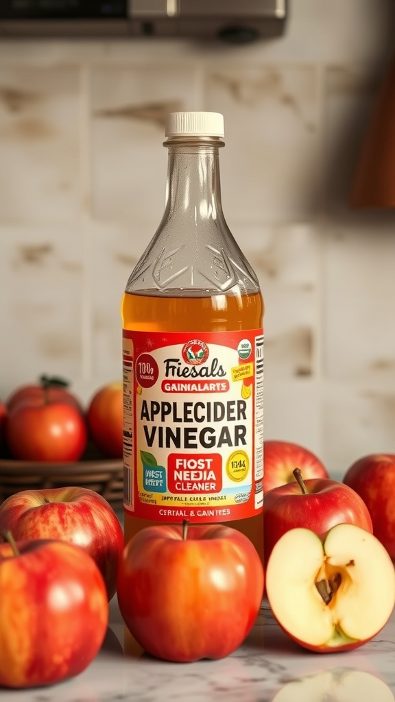 A bottle of apple cider vinegar surrounded by fresh apples on a kitchen countertop.