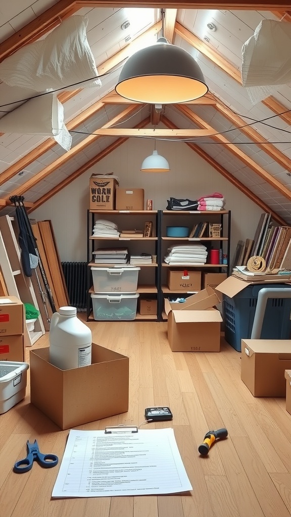 A clean attic with boxes, tools, and a checklist on the floor.