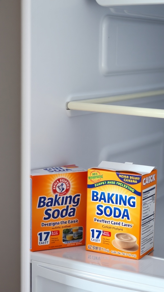 Two boxes of baking soda inside a refrigerator.