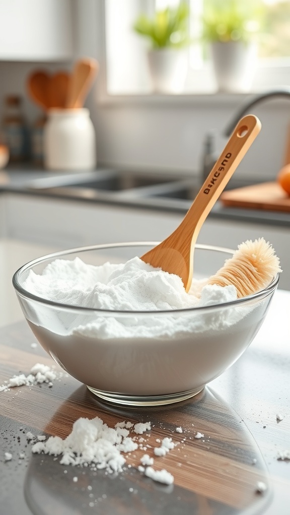 A bowl of baking soda with a wooden spoon and a scrub brush on a kitchen counter.