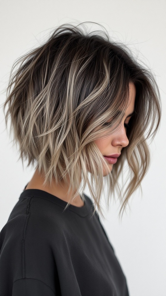 A woman with a layered haircut showcasing balayage highlights.