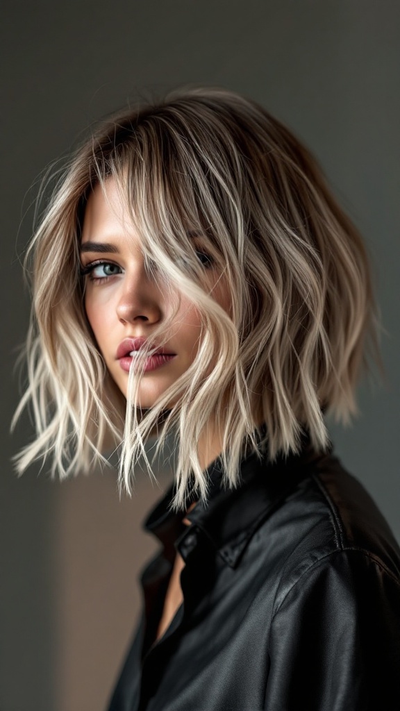 A woman with a stylish bob haircut featuring balayage highlights.
