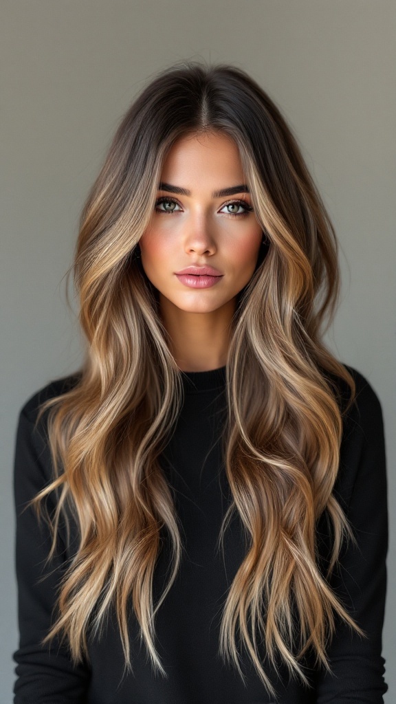 A woman with long, wavy hair featuring balayage and face-framing highlights.