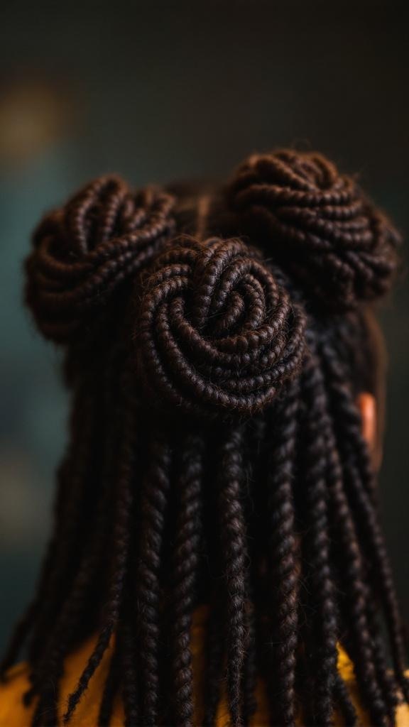 A close-up view of Bantu knots styled with a braided base, showcasing a unique and stylish hairstyle.