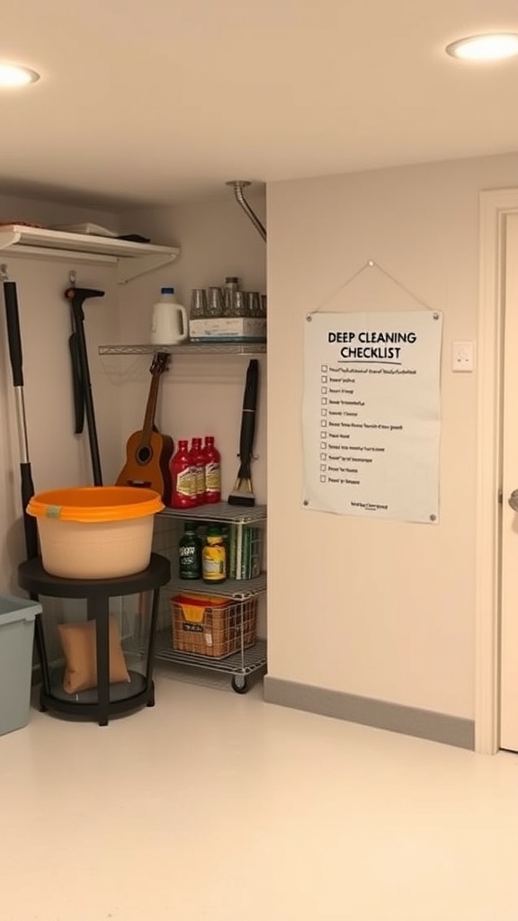 A clean basement area with a checklist for deep cleaning on the wall.