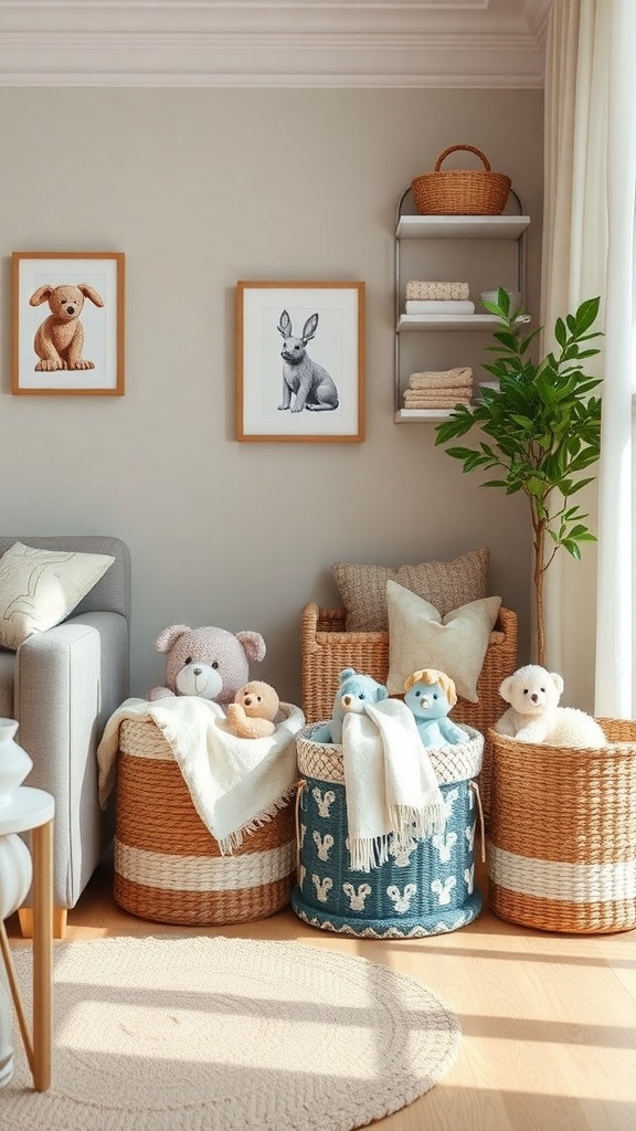 A cozy living space featuring woven baskets filled with stuffed animals and a decorative shelf.