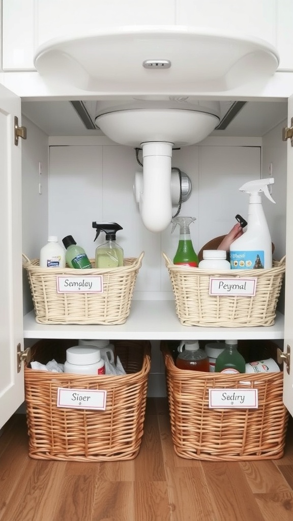 Under-sink storage with labeled baskets for organization