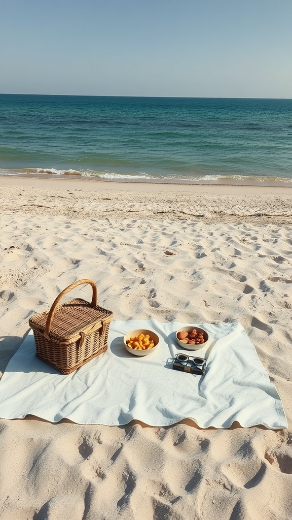 A beach blanket laid out on the sand with a picnic basket and bowls of snacks.