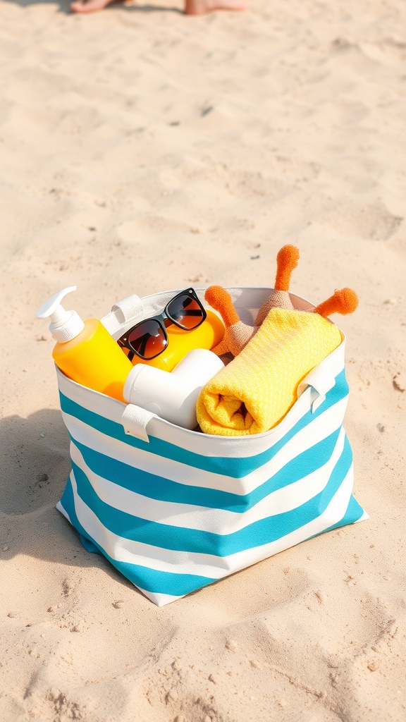 A beach bag filled with sunscreen, sunglasses, and a towel on the sand.