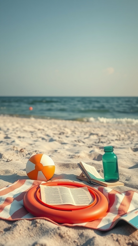Beach scene with a ball, frisbee, book, and water bottle on a towel