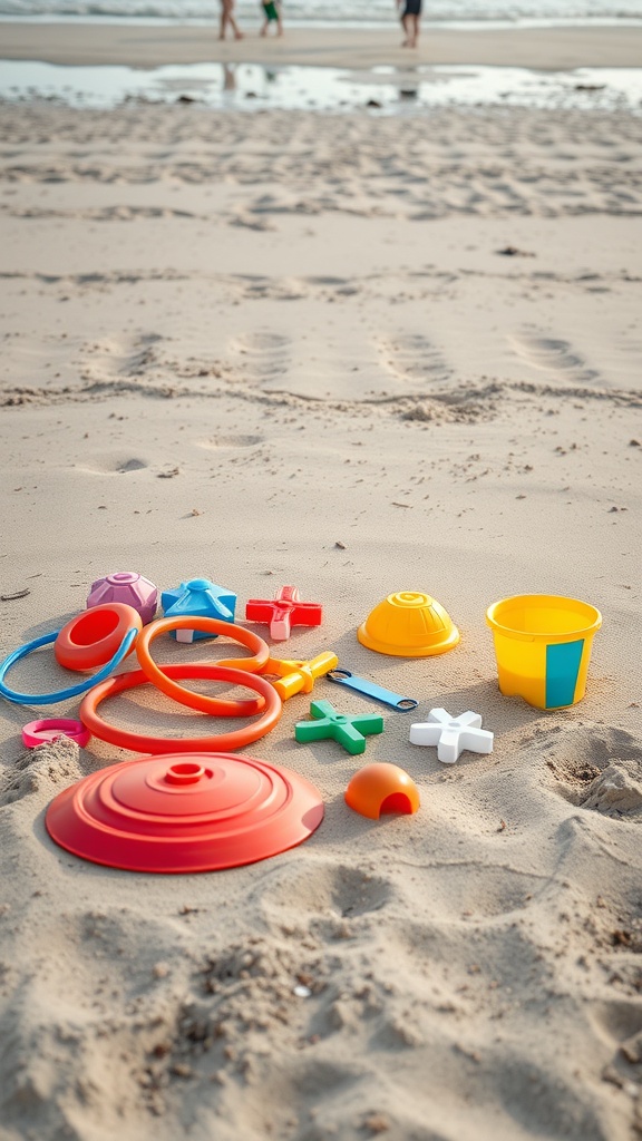 Colorful beach toys and games scattered on the sand.