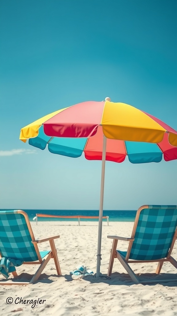 Colorful beach umbrella providing shade over two chairs on the sand.