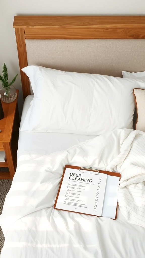 A neatly made bed with a clipboard showing a deep cleaning checklist.