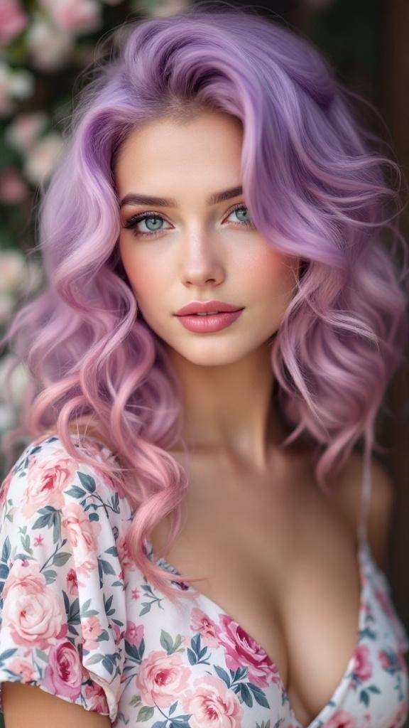 A person with blended lavender and pink hair, wearing a floral dress.