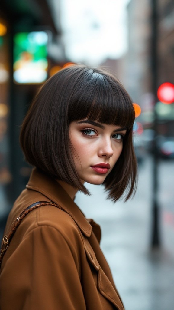 A woman with a blunt cut hairstyle stands outside with a chic look.