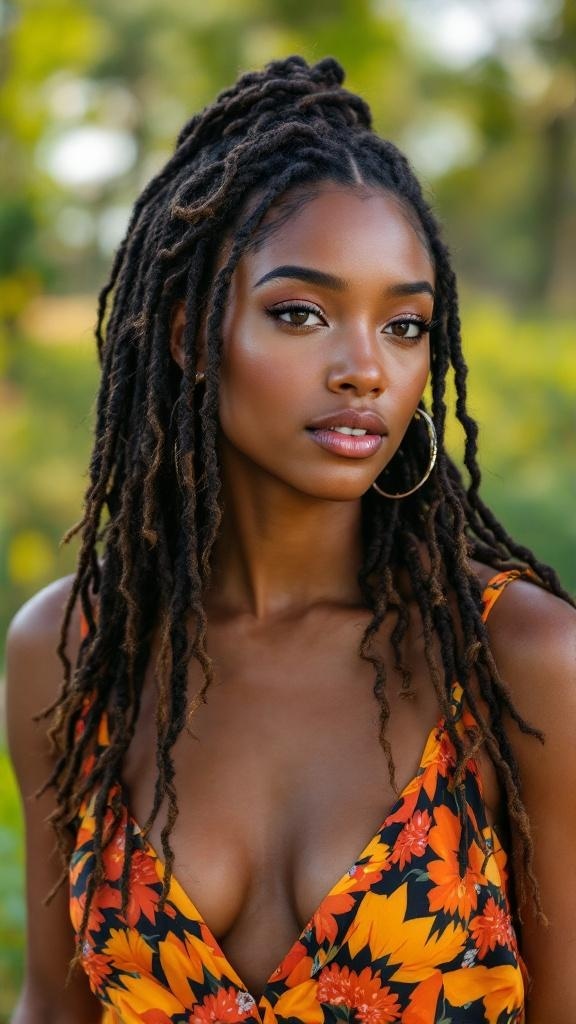 A woman with bohemian faux locs styled with curls, wearing a floral outfit.