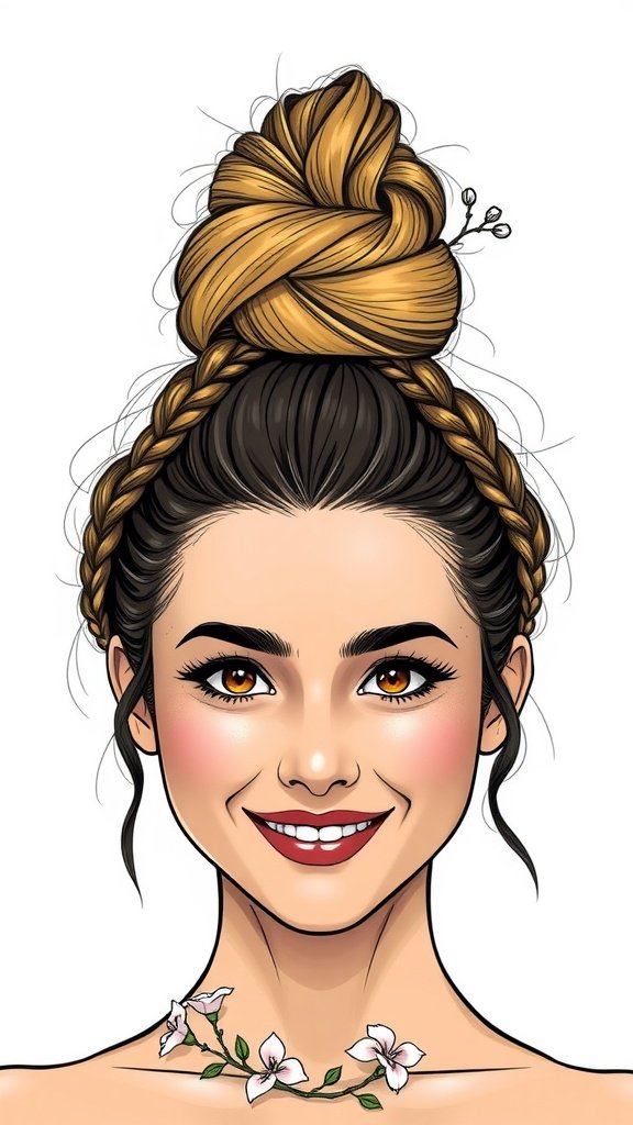 Illustration of a woman with a boho chic top knot hairstyle adorned with braids and floral accents.
