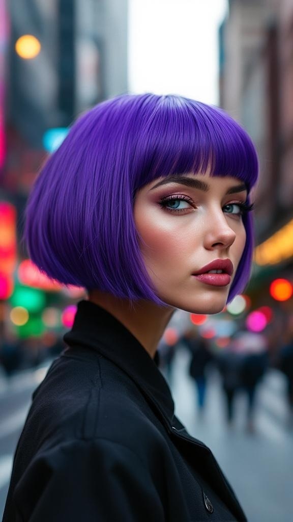 A person with a bold purple bob hairstyle, looking confidently at the camera in a city setting.