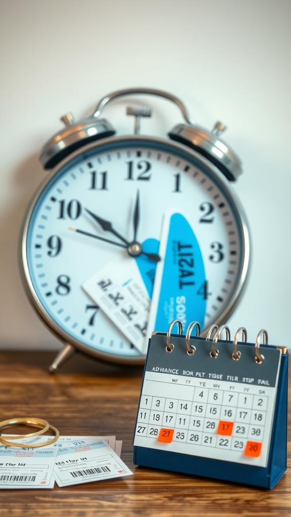 An alarm clock and a calendar with flight tickets, symbolizing the importance of booking flights in advance.