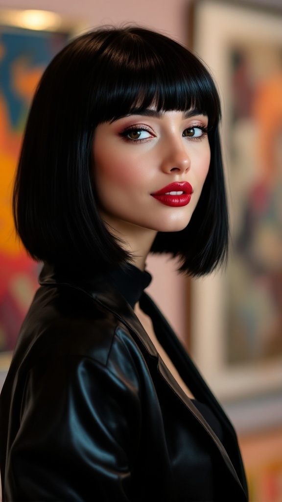 A woman with a stylish bowl cut hairstyle, wearing a black leather jacket, with glossy black hair and bold red lipstick.
