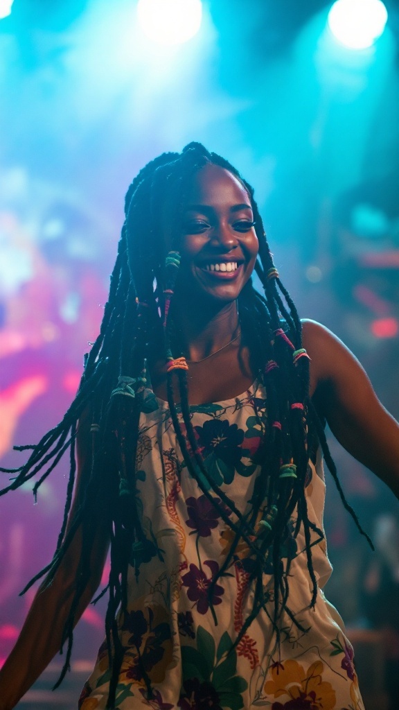 Woman dancing with box braids adorned with colored thread