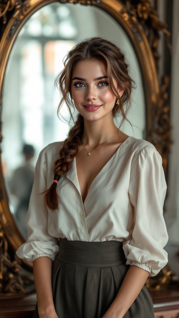 A woman with a braid-wrapped ponytail, smiling and wearing a stylish outfit.
