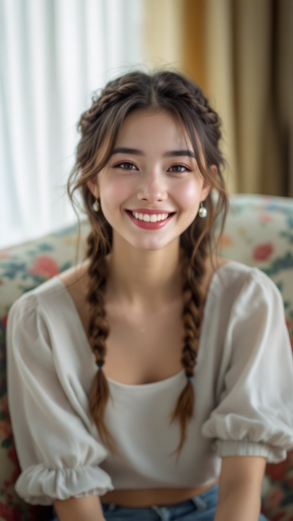 A young woman smiling with braided bangs and loose hair, sitting on a floral couch.