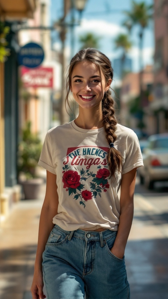 A young woman with a braided base ponytail, smiling while wearing a floral t-shirt.