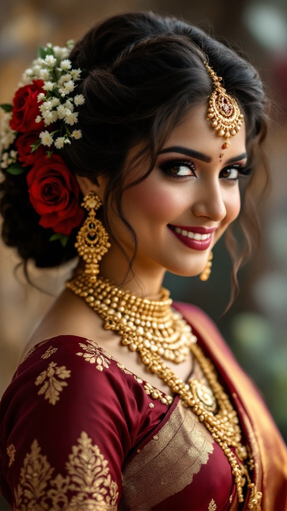 Bride with a braided bun adorned with fresh flowers and traditional Indian jewelry.