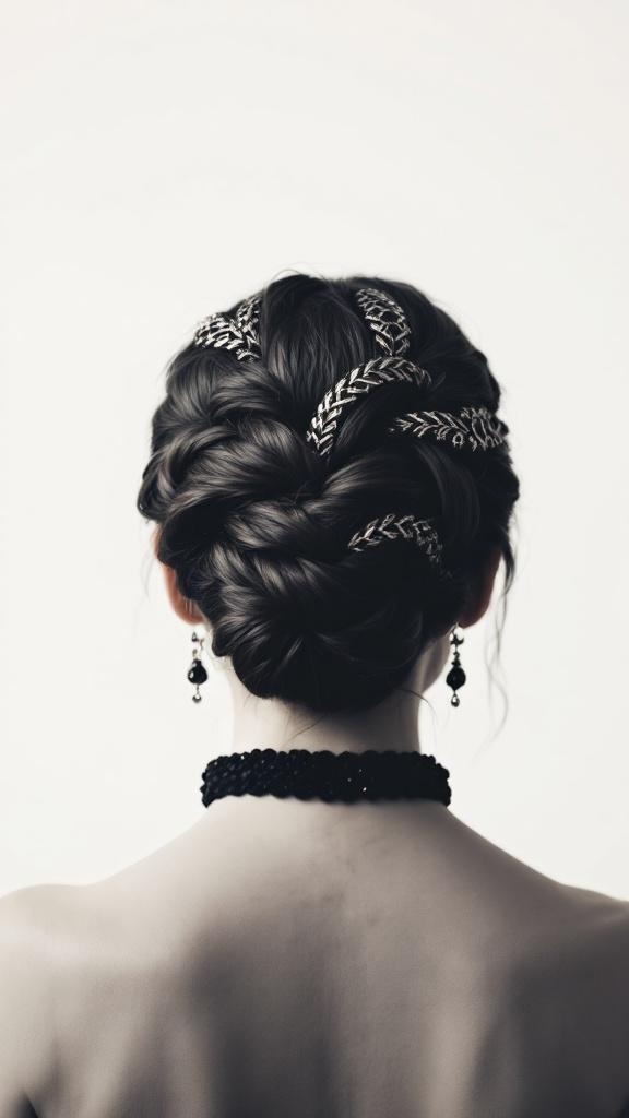 A woman with a braided bun featuring intricate patterns and decorative elements.
